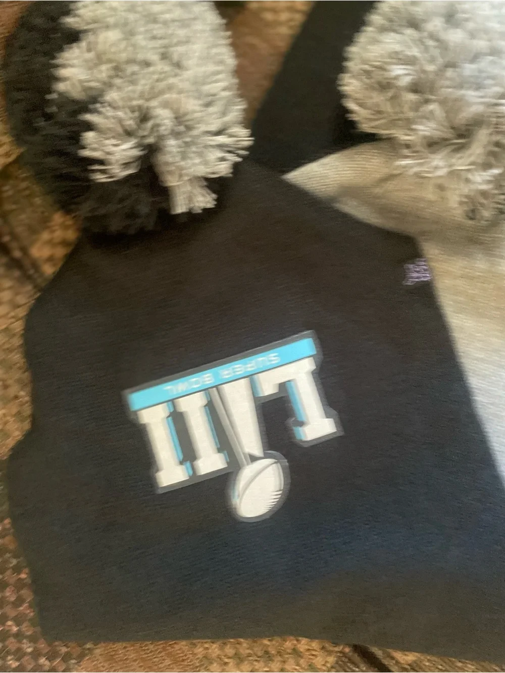 '47 Black and White Pom scarf with Super Bowl LIII Logo